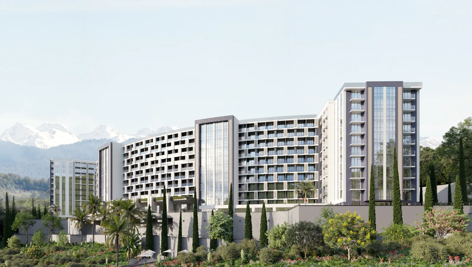 Grand Hotel Marine Garden — ансамбль на фоне снежных вершин Кавказа