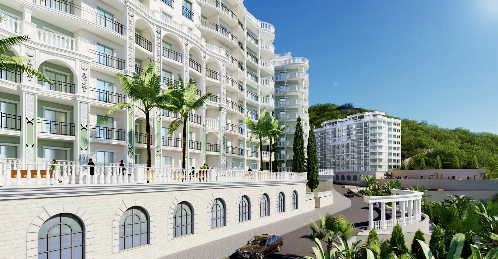 Grand Hotel Marine Garden — белоснежные фасады и колоннада набережной в Хосте