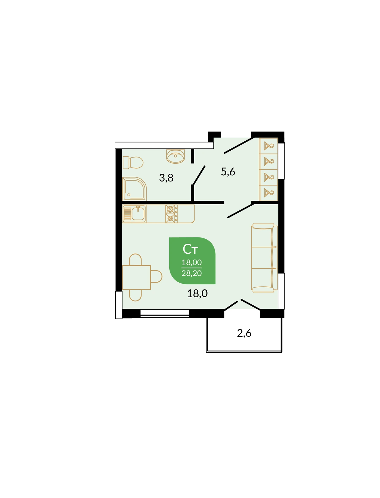 Студия 28,2 м² в ЖК Флора