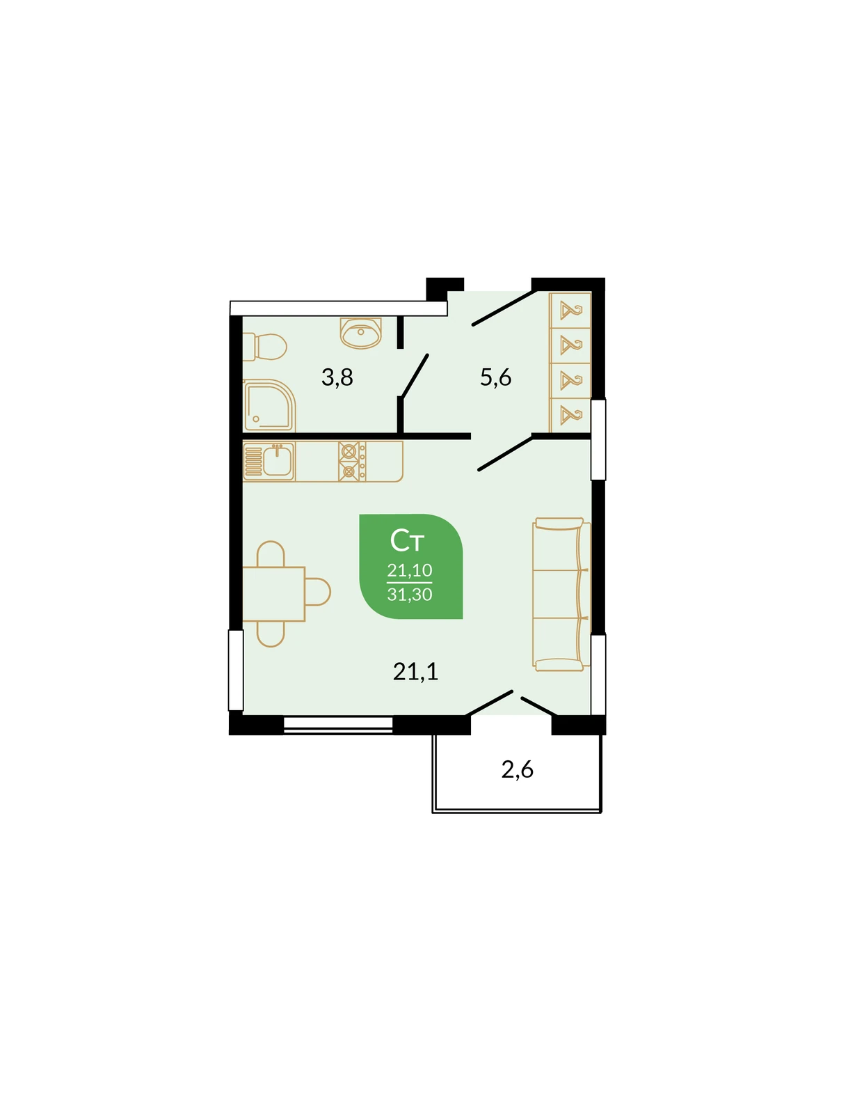 Студия 31,3 м² в ЖК Флора
