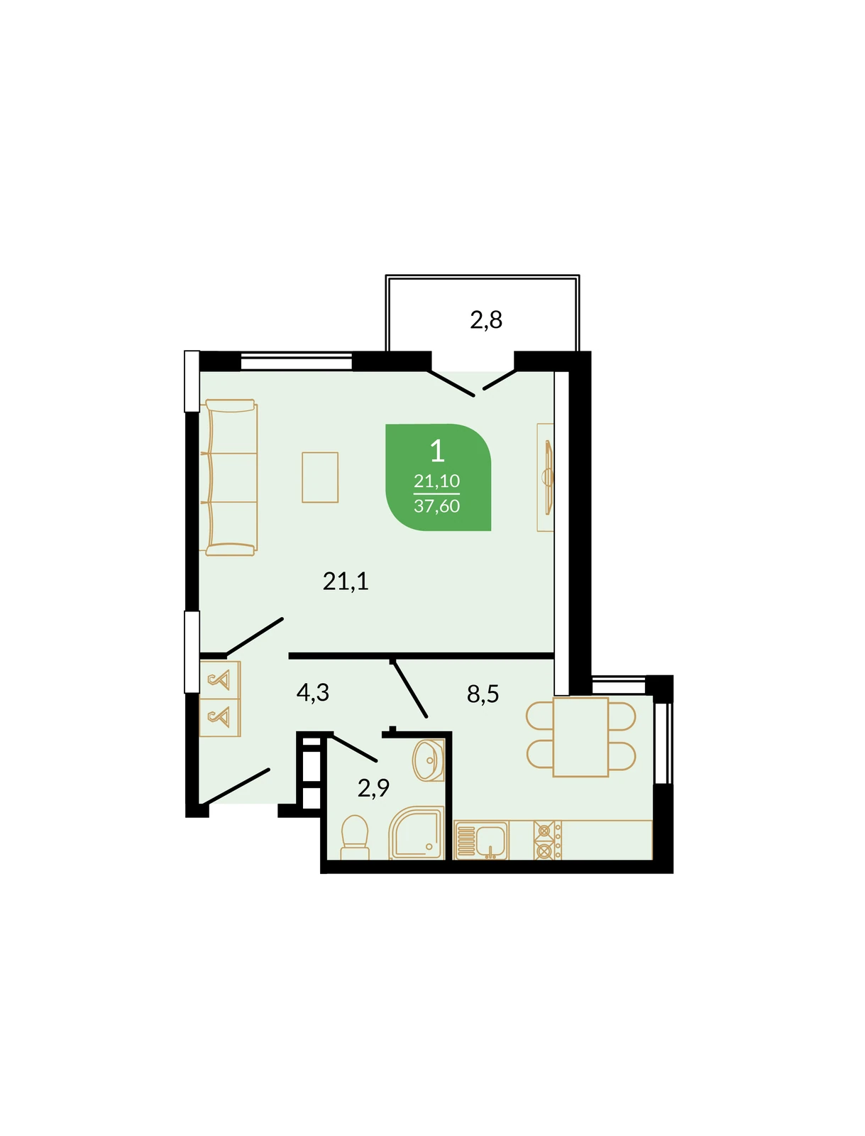 1-комнатная 37,6 м² в ЖК Флора